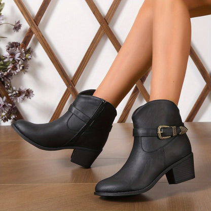 Women's Chunky Heeled Ankle Boots, Retro Buckle Strap Pointed Toe Booties, Side Zipper Short Boots