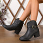 Women's Chunky Heeled Ankle Boots, Retro Buckle Strap Pointed Toe Booties, Side Zipper Short Boots