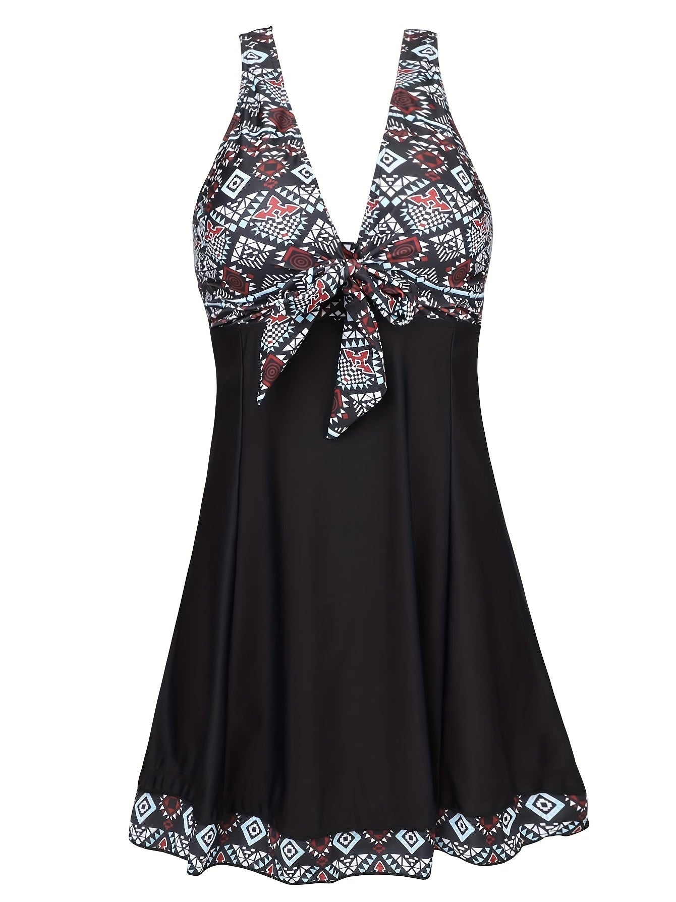 Plus Size Womens Vibrant Floral Print Tie Front V Neck One Piece Swimsuit - High Stretch, Comfortable, Vacation Essential - Polyester Knit Fabric, Random Printing, No Sheer