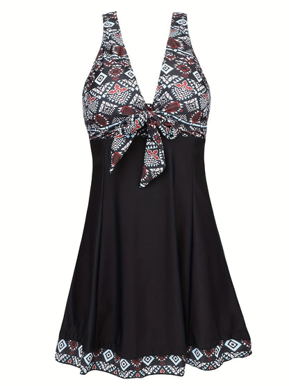 Plus Size Womens Vibrant Floral Print Tie Front V Neck One Piece Swimsuit - High Stretch, Comfortable, Vacation Essential - Polyester Knit Fabric, Random Printing, No Sheer