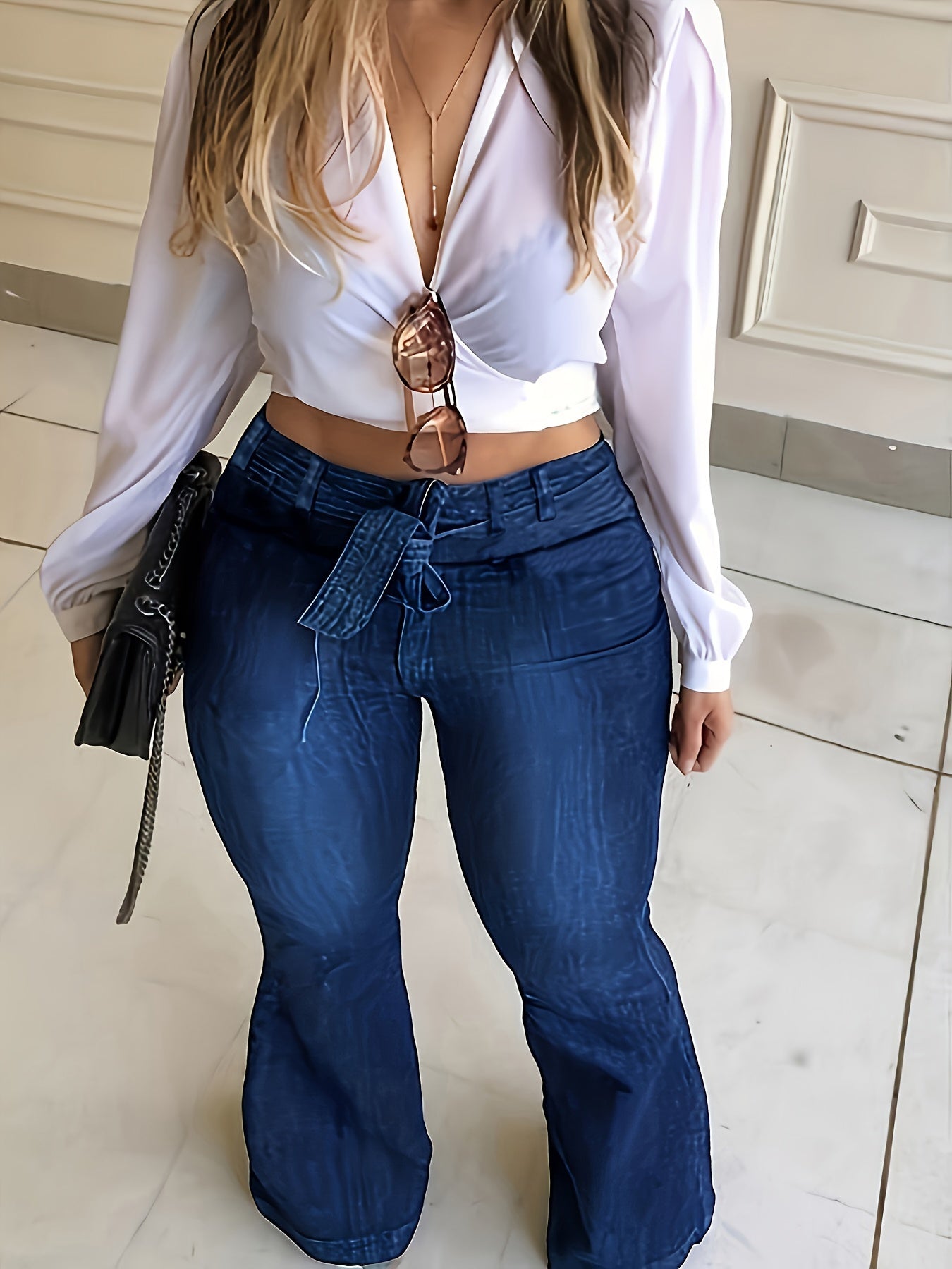 Plus Size Womens High Rise Flared Leg Jeans - Soft Medium Stretch Denim, Solid Color, Washed, Machine Washable, All-Season Comfortable Casual Wear with Belt