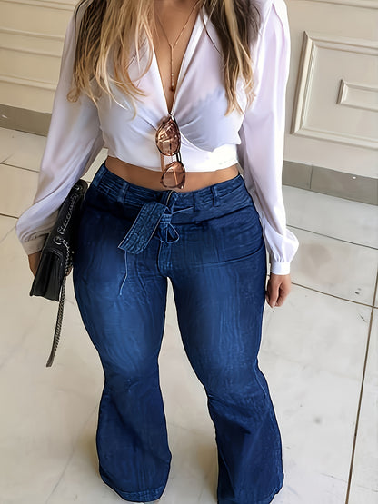 Plus Size Womens High Rise Flared Leg Jeans - Soft Medium Stretch Denim, Solid Color, Washed, Machine Washable, All-Season Comfortable Casual Wear with Belt