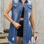Plus Size Chic Denim Dress - Ripped & Raw Trim, Lapel Collar, Button-Up Tank Style with Fashionable Flap Pockets - Comfortable & Stylish Plus Size Gown
