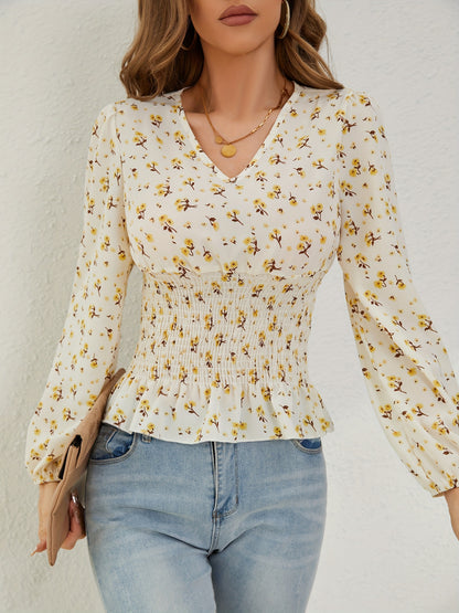 Ditsy Floral Print Shirred Blouse, Elegant Long Sleeve V Neck Blouse, Women's Clothing