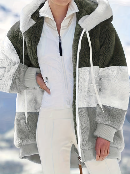Plus Size Colorblock Fuzzy Hoodie Drawstring Zip Up Coat, Women's Plus Pocket Casual Overcoat