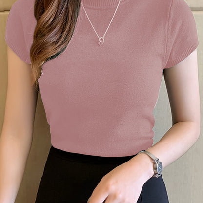 Womens Chic Solid Mock Neck Short Sleeve Knit Sweater - Soft & Breathable - Casual Everyday Style