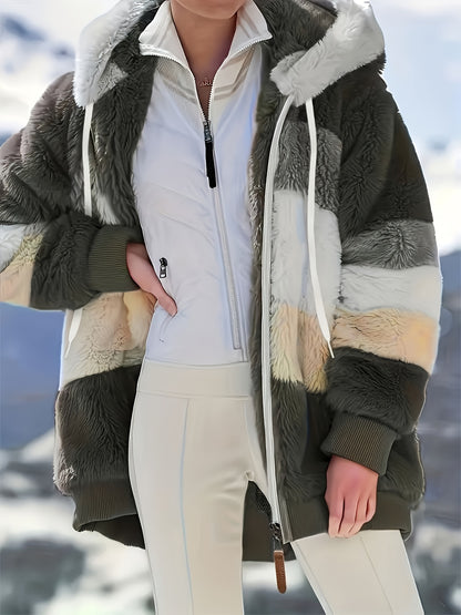 Ultra-Soft Color Block Fuzzy Hooded Coat - Stylish Winter Warm Outerwear with Full-Length Sleeves - Perfect for Casual Wear - Womens Clothing