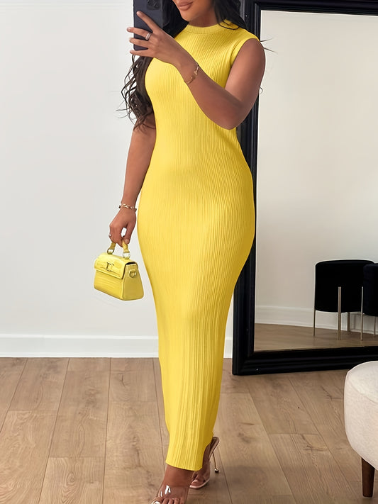 Women's Summer 2023 Fashion Casual Knit Sleeveless Crew Neck Bodycon Pencil Dress, Polyester 95% Spandex 5%, Solid Color Long Length Skinny Fit