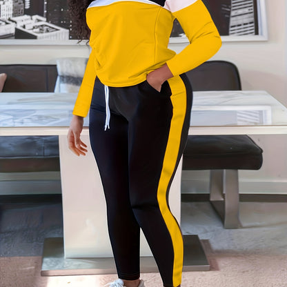 Plus Size Casual Outfits Two Piece Set, Women's Plus Colorblock Long Sleeve Round Neck Top & Pants Outfits 2 Piece Set