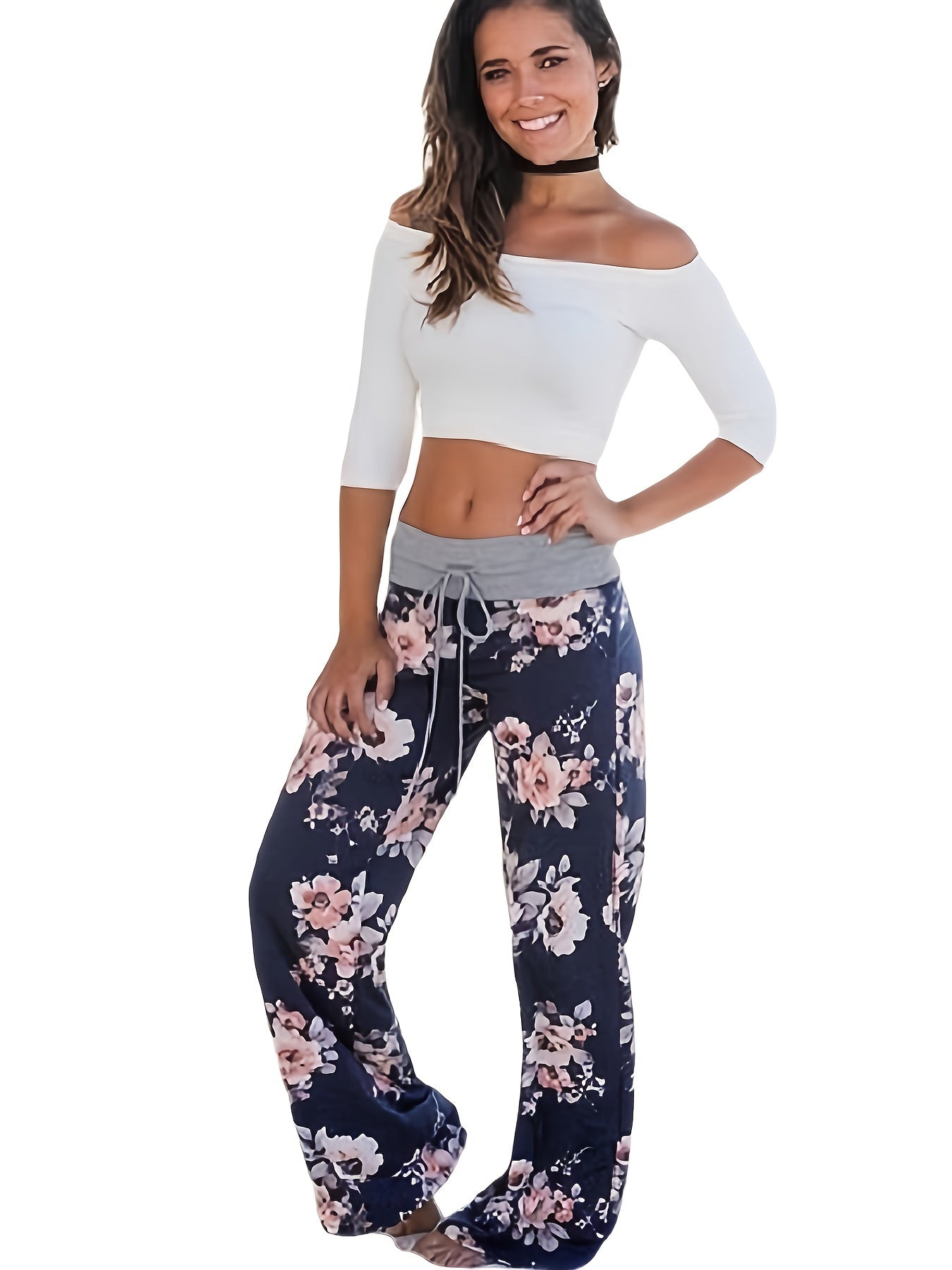Plus Size Floral Print High Rise Drawstring Long Pants, Women's Plus Slight Stretch Loose Casual Pants