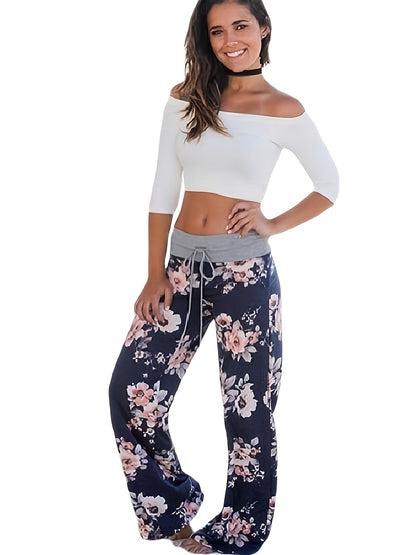 Plus Size Floral Print High Rise Drawstring Long Pants, Women's Plus Slight Stretch Loose Casual Pants