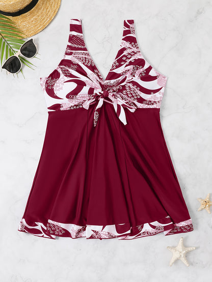 Plus Size Womens Vibrant Floral Print Tie Front V Neck One Piece Swimsuit - High Stretch, Comfortable, Vacation Essential - Polyester Knit Fabric, Random Printing, No Sheer