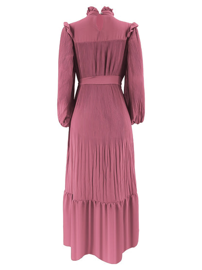 Ramadan Elegant Long Length Kaftan Dress - Polyester Solid Color Belted Maxi Dress with Ruffle Trim, Machine Washable, Casual Wear for All Seasons