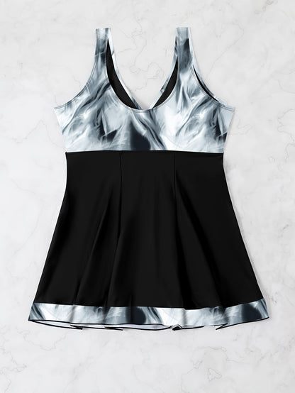 Plus Size Womens Vibrant Floral Print Tie Front V Neck One Piece Swimsuit - High Stretch, Comfortable, Vacation Essential - Polyester Knit Fabric, Random Printing, No Sheer