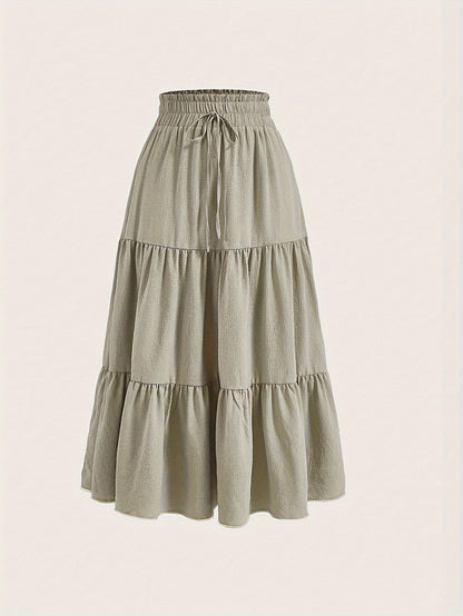 Solid Tie Waist Tiered Skirt, Casual Elastic Waist Skirt For Spring & Fall, Women's Clothing