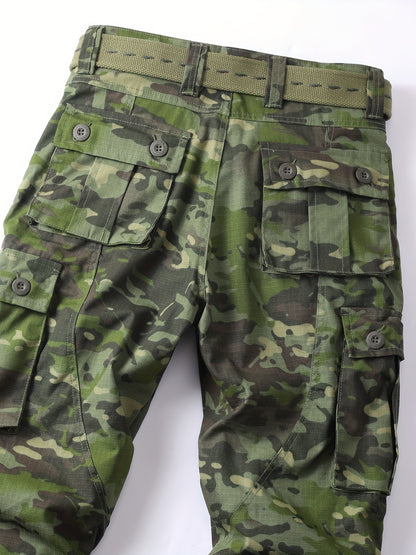 Mens Camouflage Cargo Pants - Relaxed Fit, Cuffed, Multiple Flap Pockets, Versatile, Durable, Ideal for Hiking, Workout, and Outdoors Activities in All Seasons - Belt Sold Separately