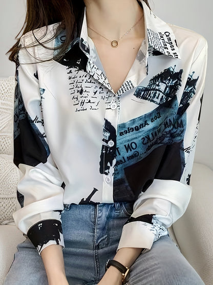 Chic Vintage-Inspired Women's Long Sleeve Blouse - Casual Polyester Chiffon Shirt with Unique Newspaper Print, Machine Washable, Perfect for Spring/Fall