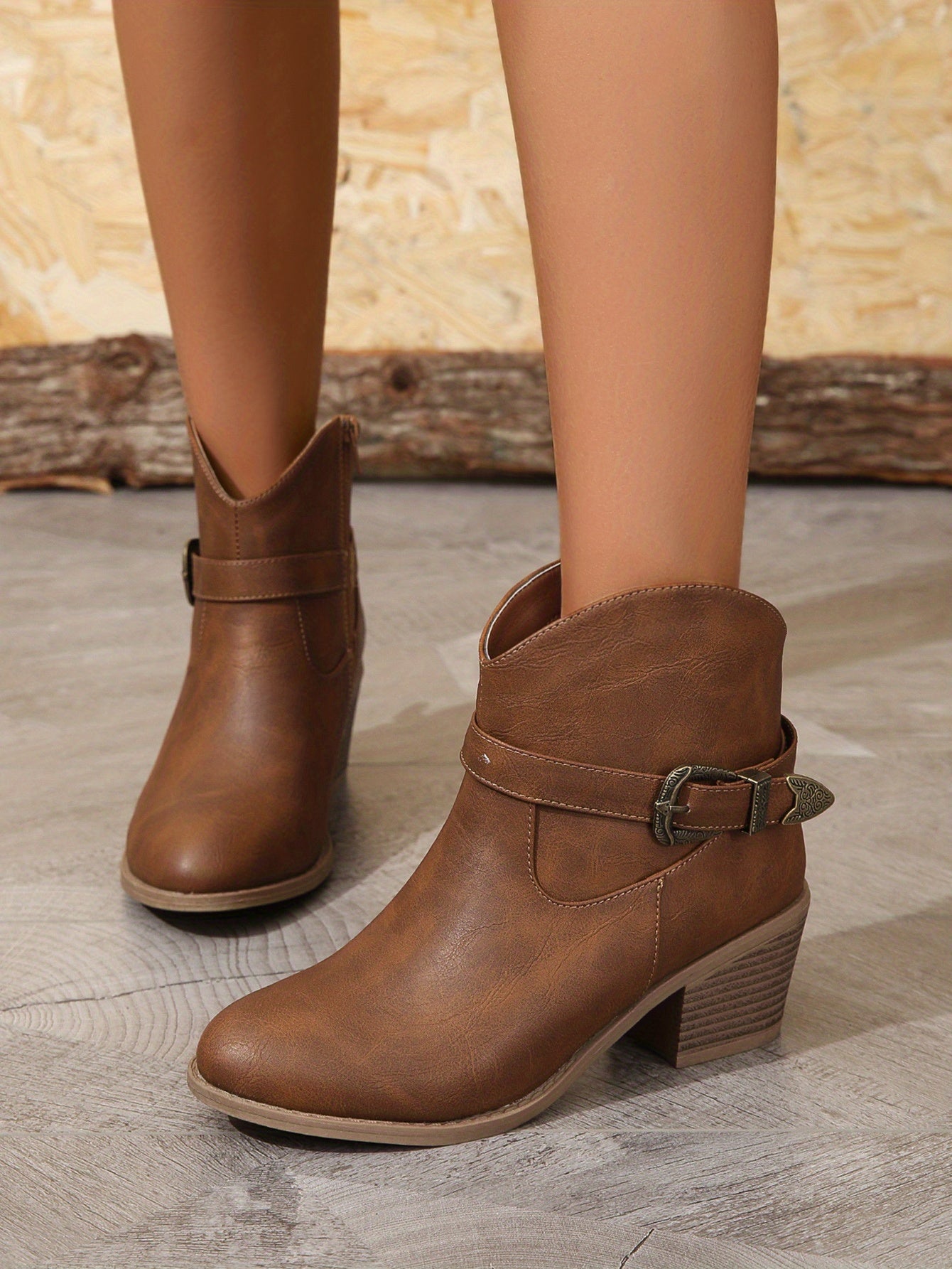 Women's Chunky Heeled Ankle Boots, Retro Buckle Strap Pointed Toe Booties, Side Zipper Short Boots