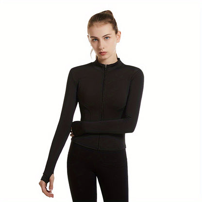 Plus Size Sports Top, Women's Plus Zip Up Long Sleeve Medium Stretch Slim Fit Running Jacket