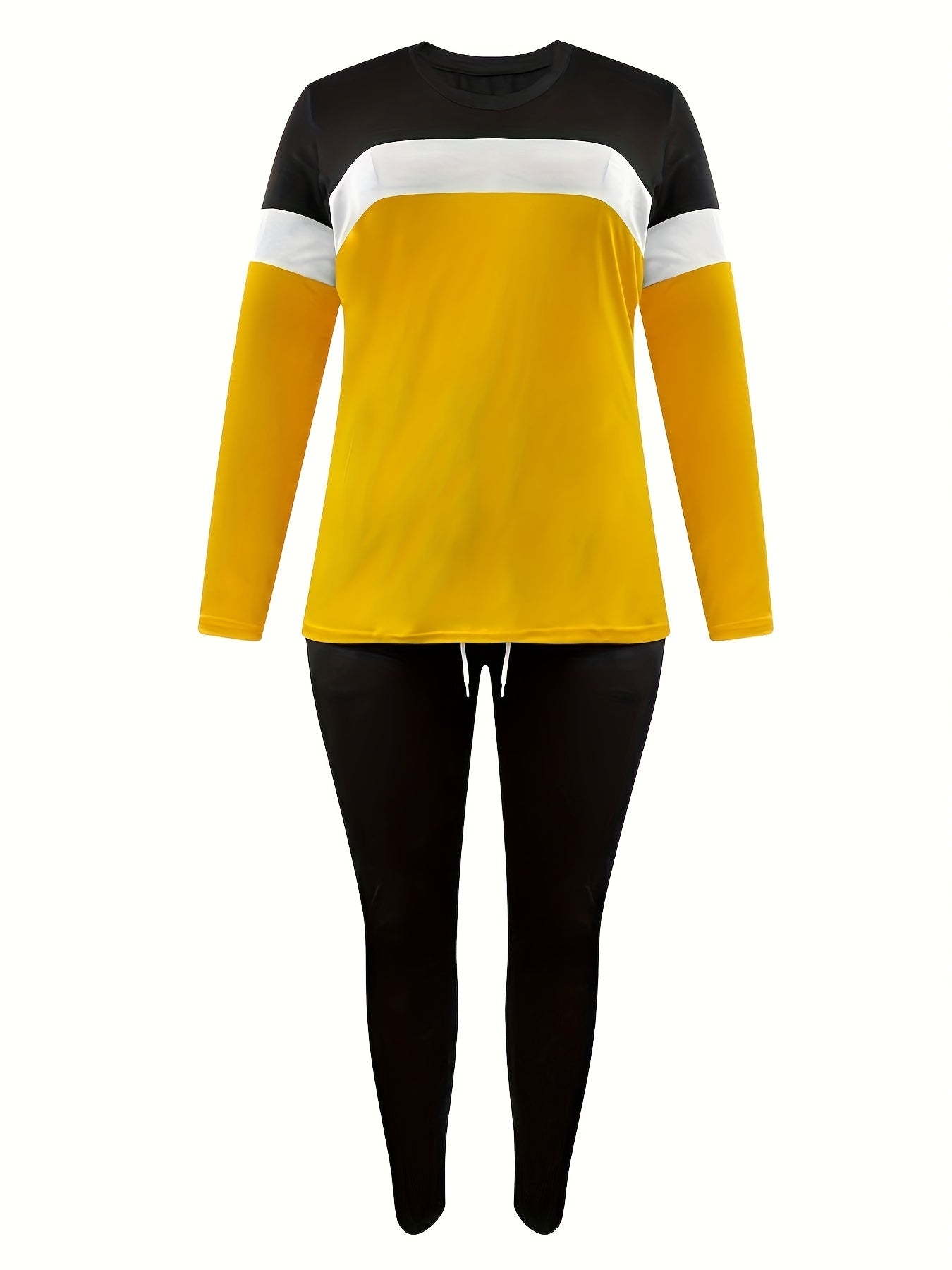 Plus Size Casual Outfits Two Piece Set, Women's Plus Colorblock Long Sleeve Round Neck Top & Pants Outfits 2 Piece Set