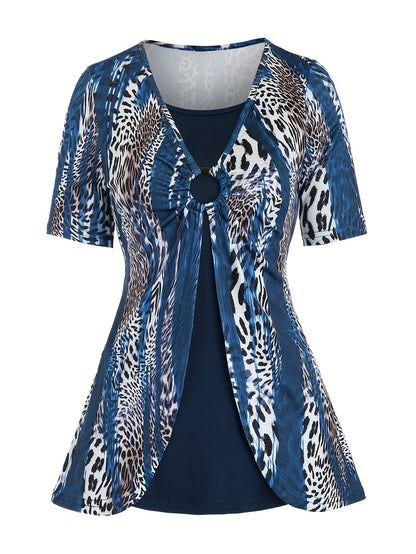 Boho Chic 2-in-1 Leopard Print Top - Casual Crew Neck, Durable Knit, Mid-Elasticity Tee for Spring/Summer/Fall