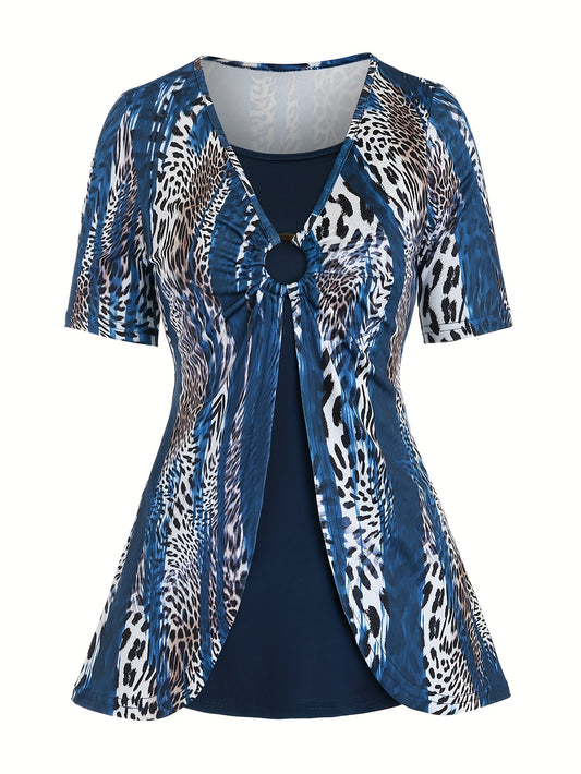 Boho Chic 2-in-1 Leopard Print Top - Casual Crew Neck, Durable Knit, Mid-Elasticity Tee for Spring/Summer/Fall