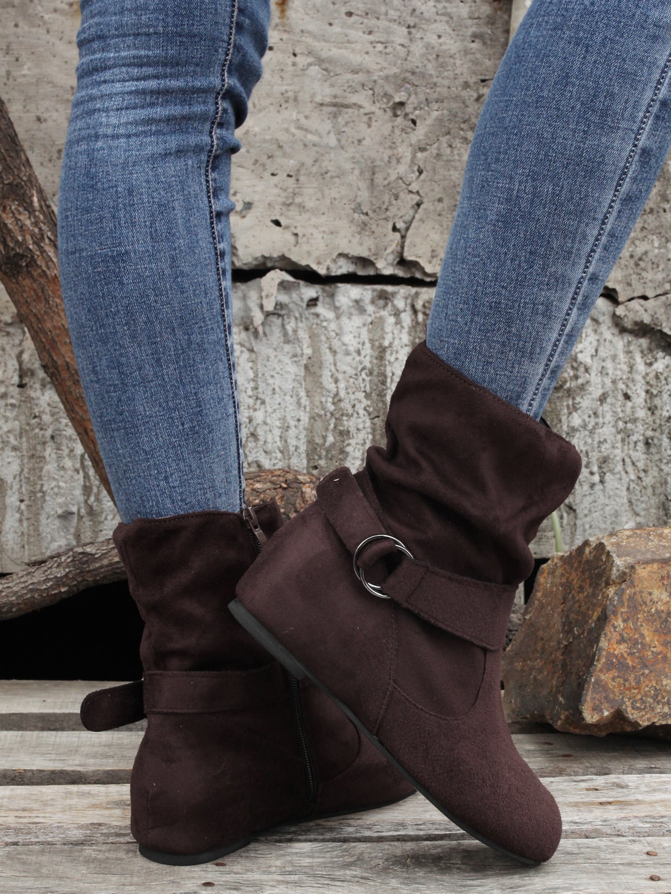 Womens Classic Solid Color Ankle Boots with Round-Toe Design - Fashion Buckle Belt & Side Zipper Closure - Ultra-Comfortable Outdoor Shoes for Stylish Adventures