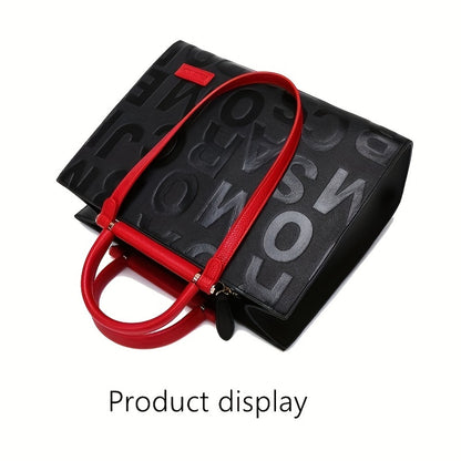 Classic Letter Embossed Tote Bag, Colorblock Shoulder Bag, All-Match Satchel Bag For Work