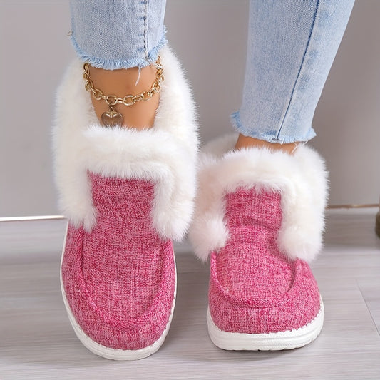 Women's Solid Color Shoes, Slip On Round Toe High-top Velvet Warm Fluffy Soft Sheos, Outdoor Comfy Fuzzy Shoes