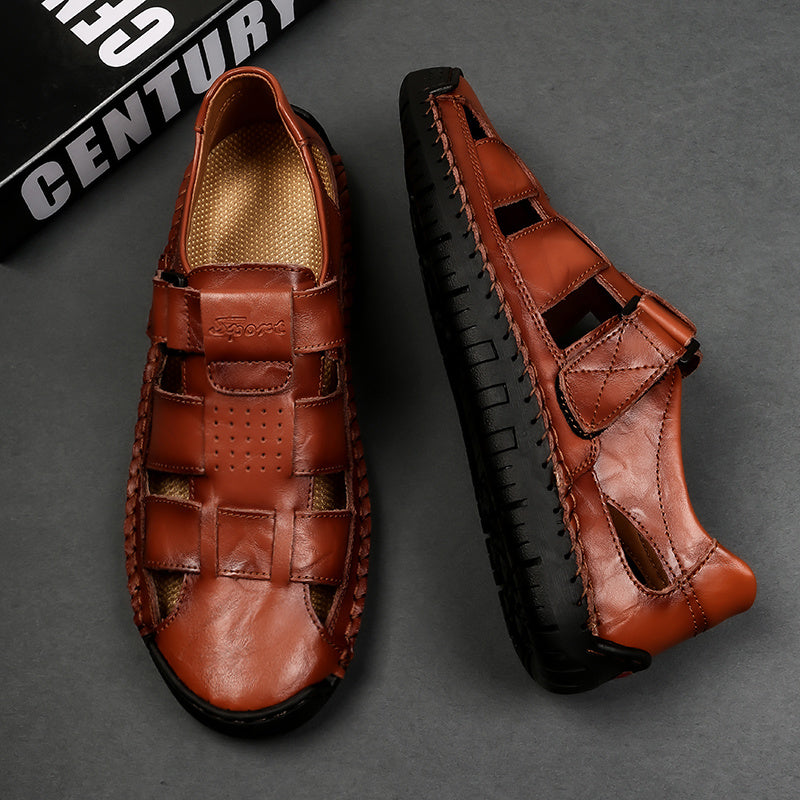 Men's Retro Brown Faux Leather Sandals - Adjustable Hook and Loop Fastener, Non-Slip Rubber Sole, Comfortable Open-Toe Slides for Outdoor Hiking, Trekking, Beach Wear | Spring/Summer/Autumn