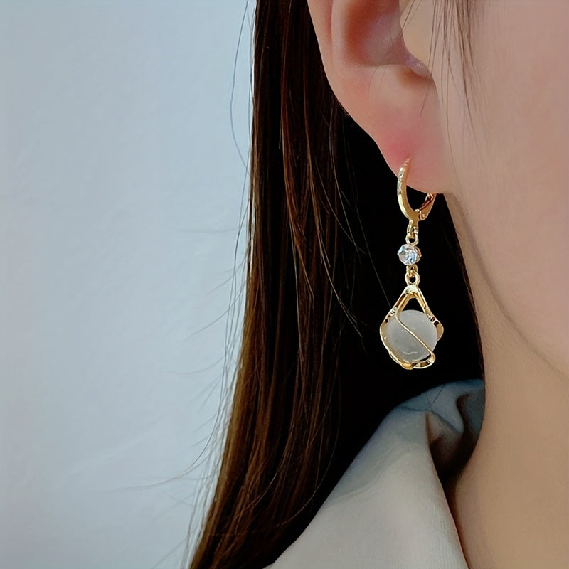 [Elegant Copper Dangle Earrings Shiny] Moonstone Bead Shiny Rhinestone Decor Dangle Earrings Elegant Simple Style Copper Jewelry Delicate Female Gift