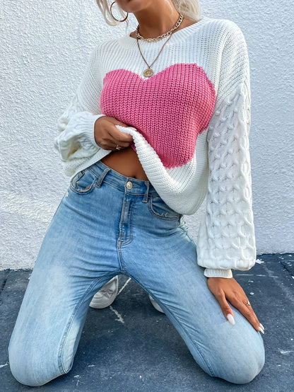 Cozy Heart Pattern Crew Neck Sweatshirt - Pullovers with Long Sleeve, Drop Shoulder, Casual Style, Soft Fabric, Women's Fashion Clothing for Daily Wear