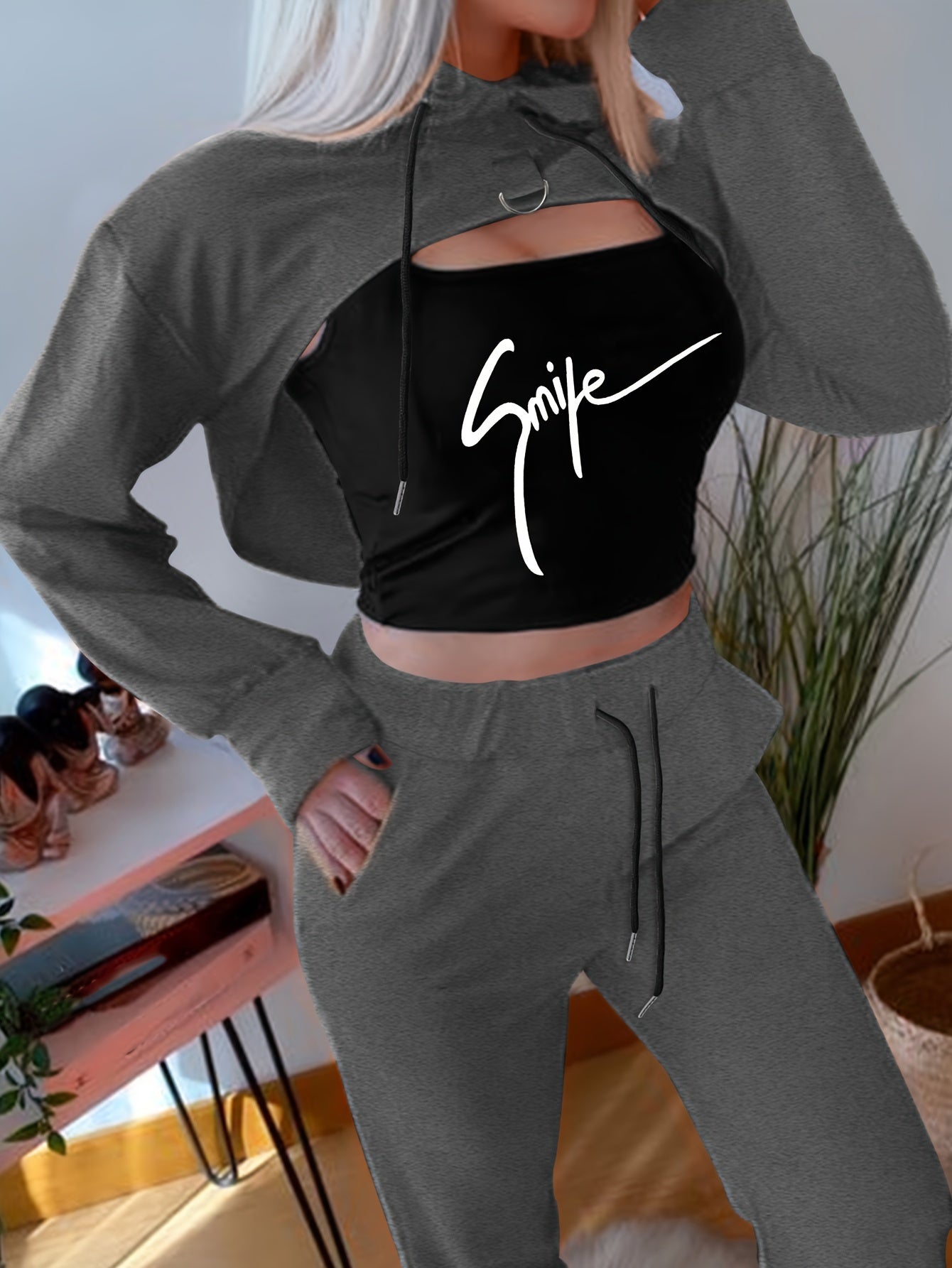 Three-Piece Bodycon Pantsuit Set - Women's Casual Drawstring Hooded Crop Top, Smile Letter Print Tank Top, and Long Length Pants Outfit with Relaxed Fit and Soft Fabric