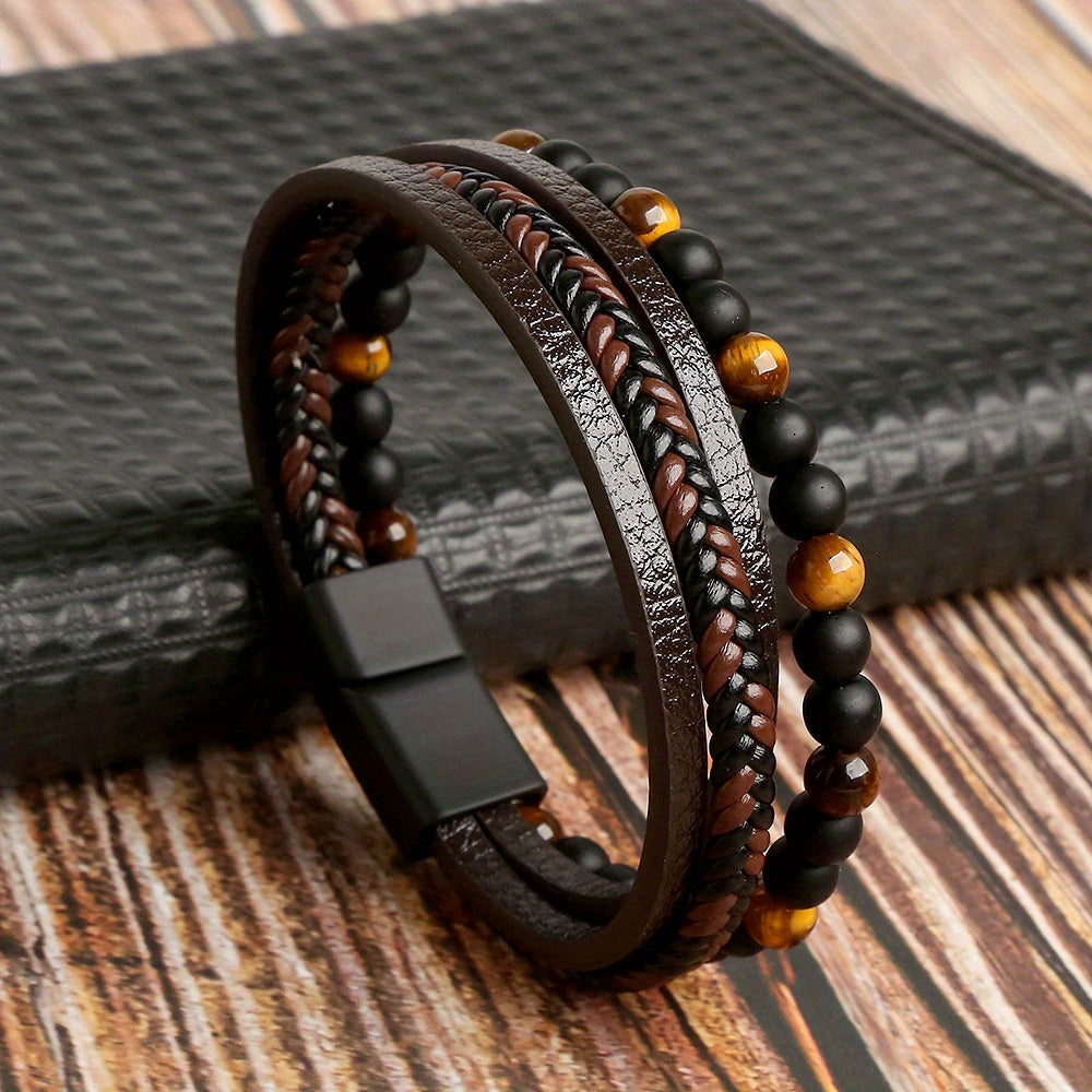 Retro Men's Braided Natural Obsidian Bracelet, Beaded Tiger Eye PU Leather Braided Stacking Multilayer Bracelet