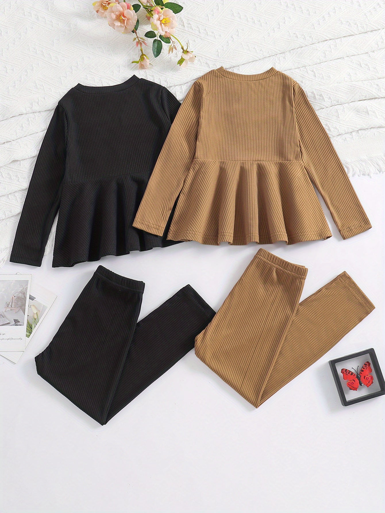 2 Sets Girl's Ribbed Outfit, Peplum Top & Pants Set, Casual Toddler Kid's Clothes For Spring Fall