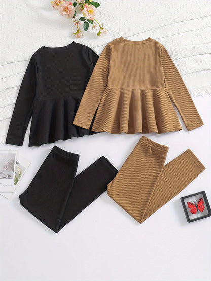 2 Sets Girl's Ribbed Outfit, Peplum Top & Pants Set, Casual Toddler Kid's Clothes For Spring Fall