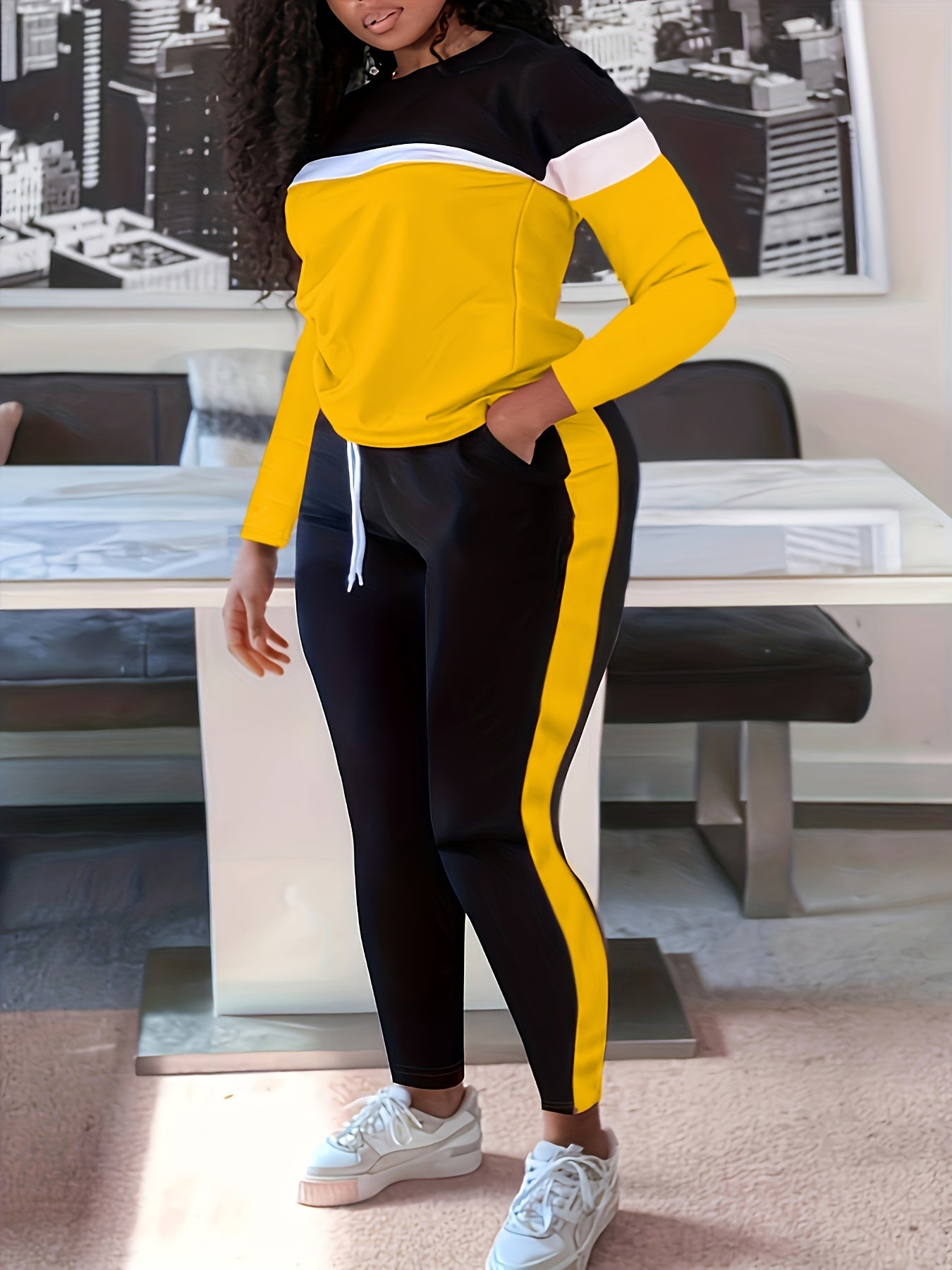 Plus Size Casual Outfits Two Piece Set, Women's Plus Colorblock Long Sleeve Round Neck Top & Pants Outfits 2 Piece Set