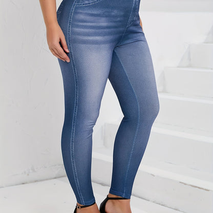 Plus Size Casual Pants, Women's Plus Denim Print Elastic High Rise High Stretch Skinny Trousers