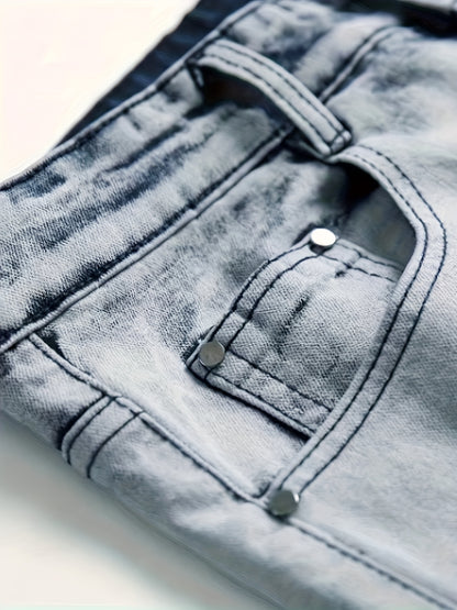 1pc Men's Fashion Skinny Jeans, Casual Ripped Denim with Contrast Wash, All-Season Regular Length, 75% Cotton 23% Polyester 2% Spandex Blend, Machine Washable, Color Block, Washable