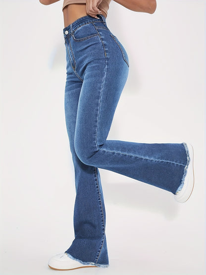 High-Rise Blue Raw Hem Flare Jeans - Slim Fit Bell Bottoms for Women - High-Stretch Denim Clothing with Trendy Style