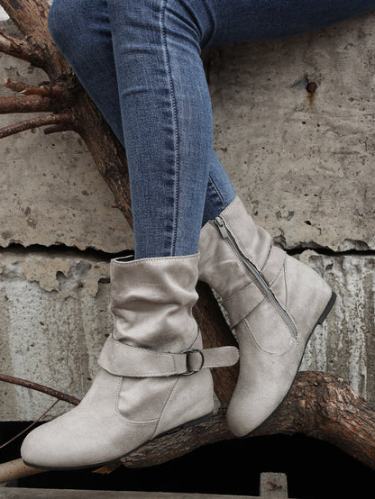 Womens Classic Solid Color Ankle Boots with Round-Toe Design - Fashion Buckle Belt & Side Zipper Closure - Ultra-Comfortable Outdoor Shoes for Stylish Adventures
