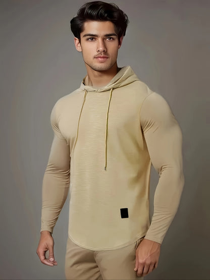[1pc Long Sleeve Casual Hoodie] 1pc Men'S Casual Fashion Hoodie - Long Sleeve, Solid Color, Regular Fit, Knit Polyester, Micro-Elastic, Regular Length, Crew Neck Pullover