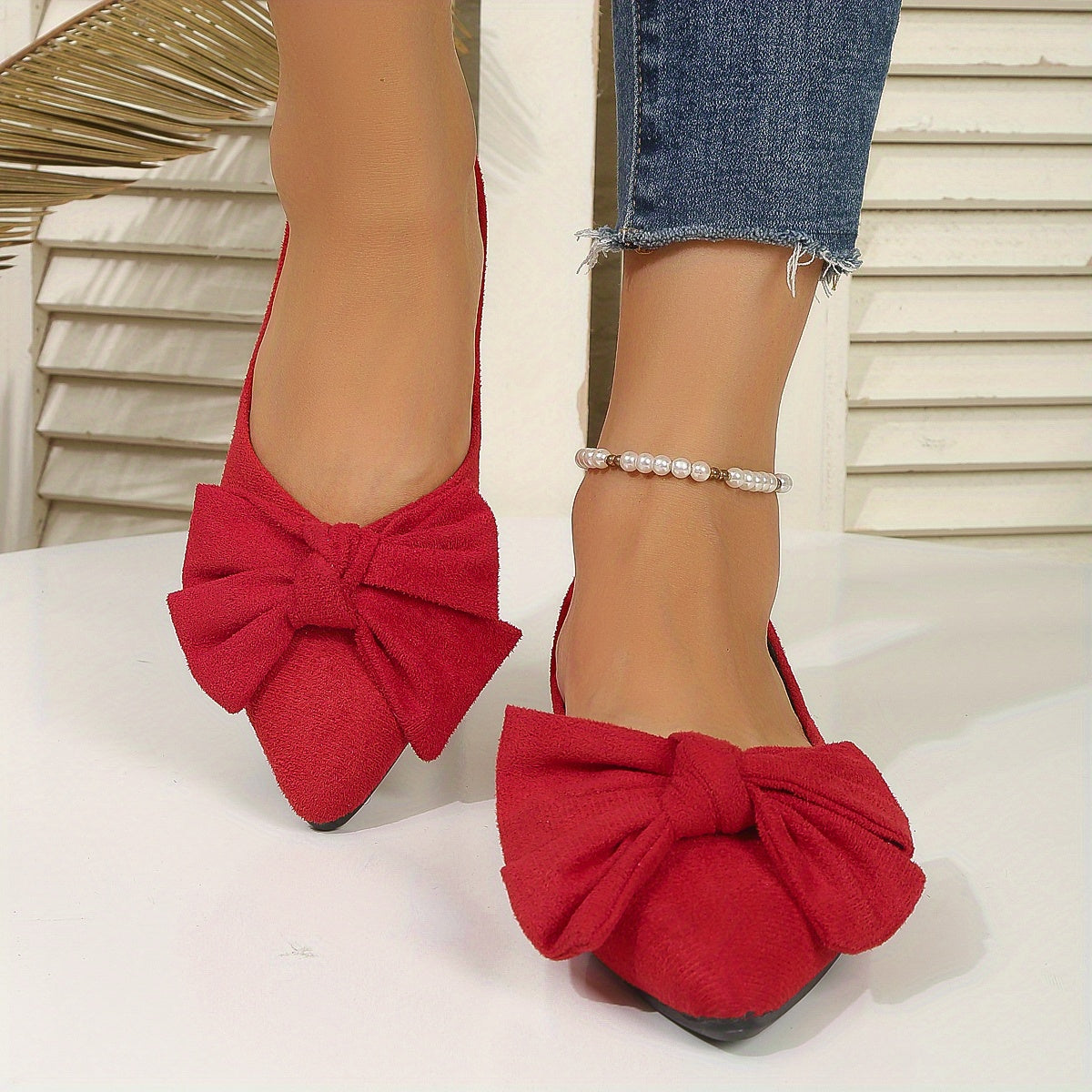 Lightweight Women's Elegant Point Toe Bowknot Decor Flat Shoes, Solid Color Dress Shoes