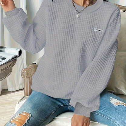Waffle Loose Sweatshirt, Casual Long Sleeve Crew Neck Sweatshirt, Women's Clothing