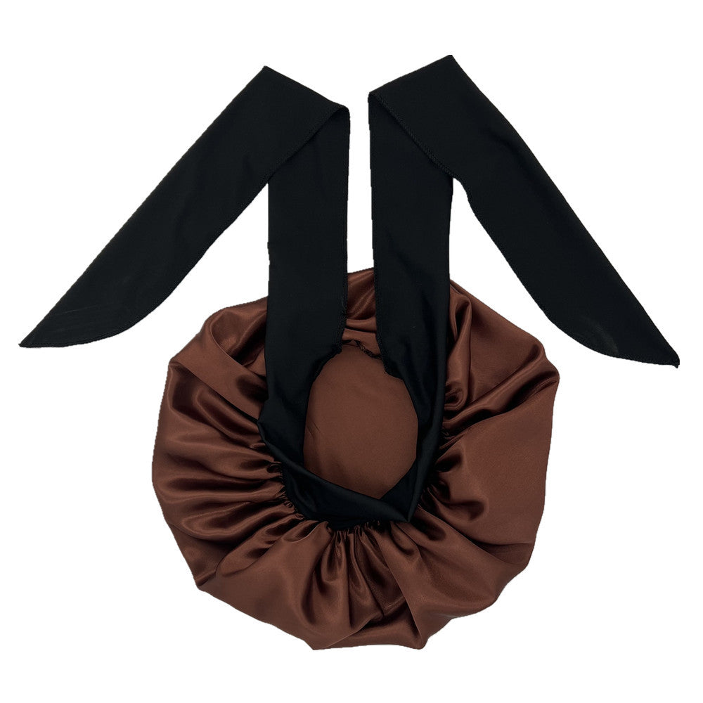 ZTZI Jumbo Satin Sleep Bonnet with Adjustable Elastic Tie Band - Large Black Hair Bonnet for Women, Stretchy Straps for Long Curly Braid Hair Protection, Soft Polyester Material