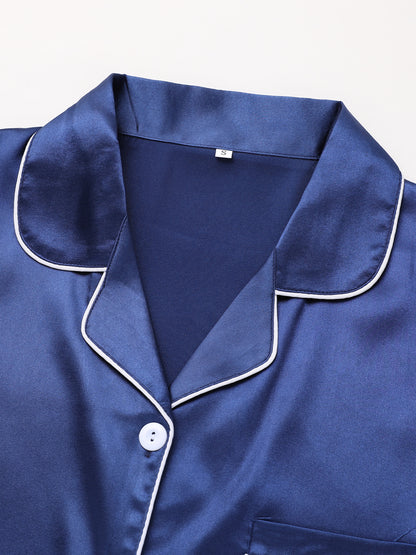 Solid Pajama Set, Long Sleeve Button Up Lapel Top & Pants Pj Set, Women's Sleepwear & Loungewear