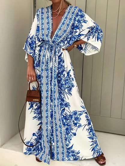 Romantic Floral Print V-Neck Split Dress - Chic Bracelet Sleeves, Loose Fit for Resort Style - Womens Vacation Wardrobe Essential