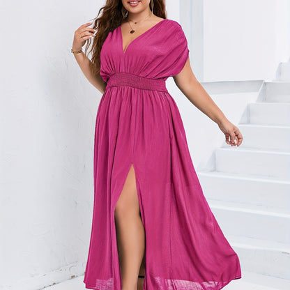 Plus Size Glamorous Maxi Dress - Flattering Ruched Solid Batwing Dress with V Neck & Side Split - Effortless Flowy Style for Women