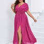 Plus Size Glamorous Maxi Dress - Flattering Ruched Solid Batwing Dress with V Neck & Side Split - Effortless Flowy Style for Women