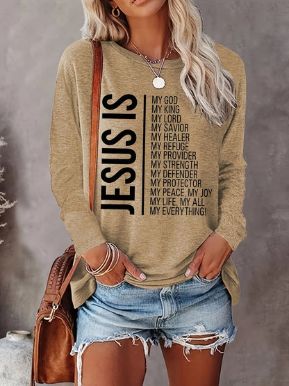 Jesus Print Crew Neck T-shirt, Casual Long Sleeve Top For Spring & Fall, Women's Clothing